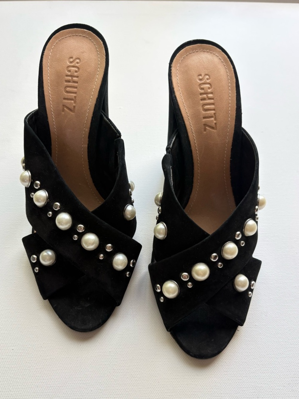 SCHUTZ Black Suede Pearl Mules